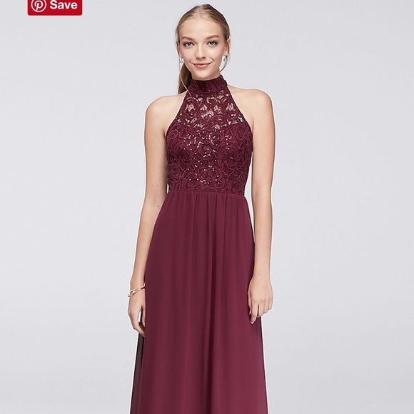 Lace Illusion Neck Chiffon Maxi Dresses with Bow Chocolate